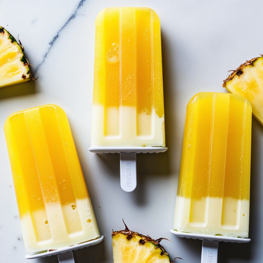 Enjoy these delicious Homemade Ice Pops featuring a tropical blend of pineapple and coconut for a refreshing treat!