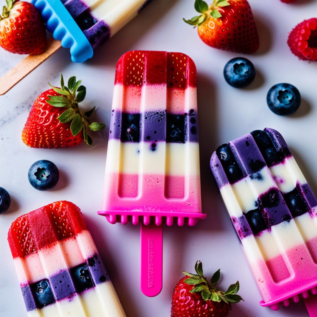 Enjoy these vibrant treats made with a delicious mix of strawberries, blueberries, and raspberries, layered with creamy yogurt for a refreshing experience!