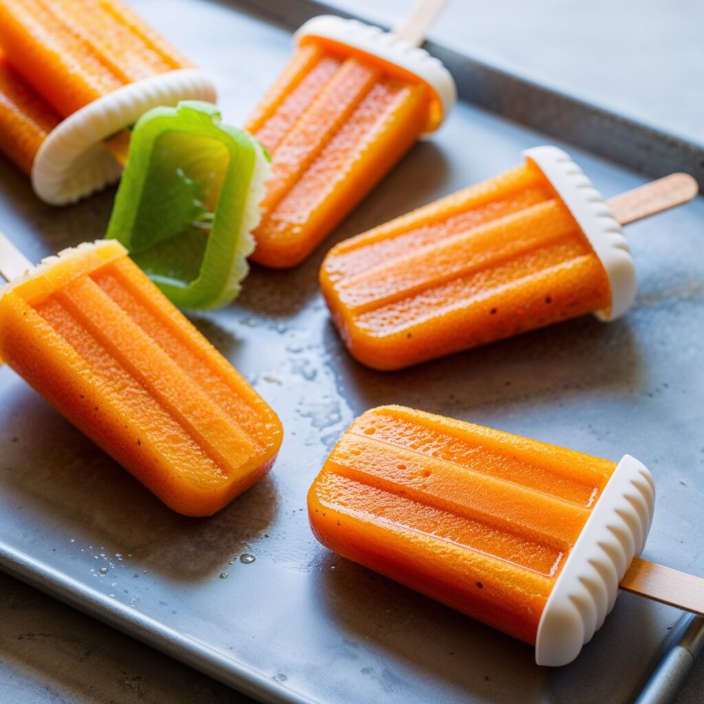 Delight in these colorful popsicles made from refreshing carrot and orange juice, perfect for a nutritious treat!
