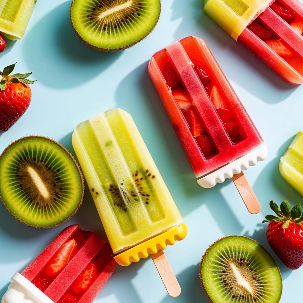 Savor these refreshing Homemade Ice Pops, featuring the delightful combination of kiwi and strawberry!