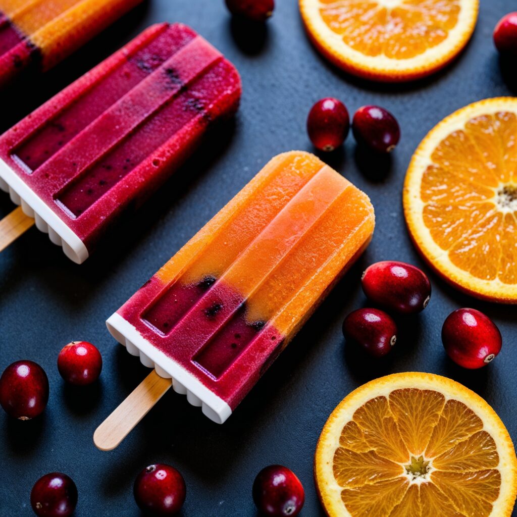 Refreshing cranberry and orange popsicles, bursting with fruity flavor!