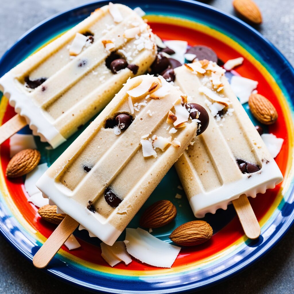 Indulgent almond coconut popsicles with rich chocolate chips, perfect for a sweet treat!