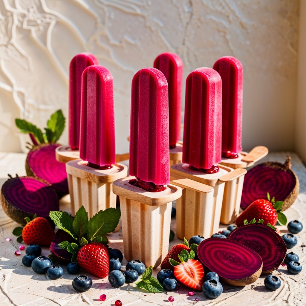 Vibrant and nutritious popsicles made from a blend of beets and mixed berries for a refreshing treat!