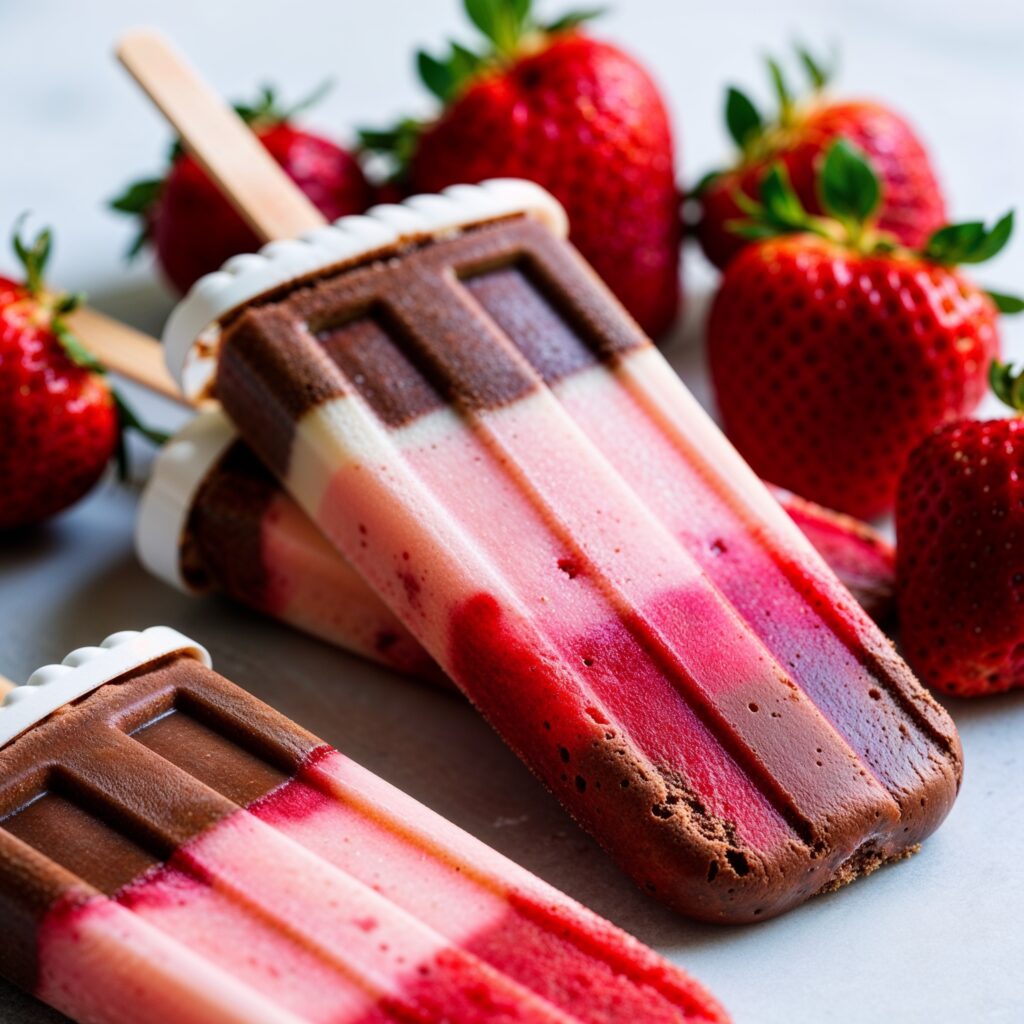 Delightful popsicles featuring a swirl of strawberry puree and creamy chocolate for a perfect summer treat!