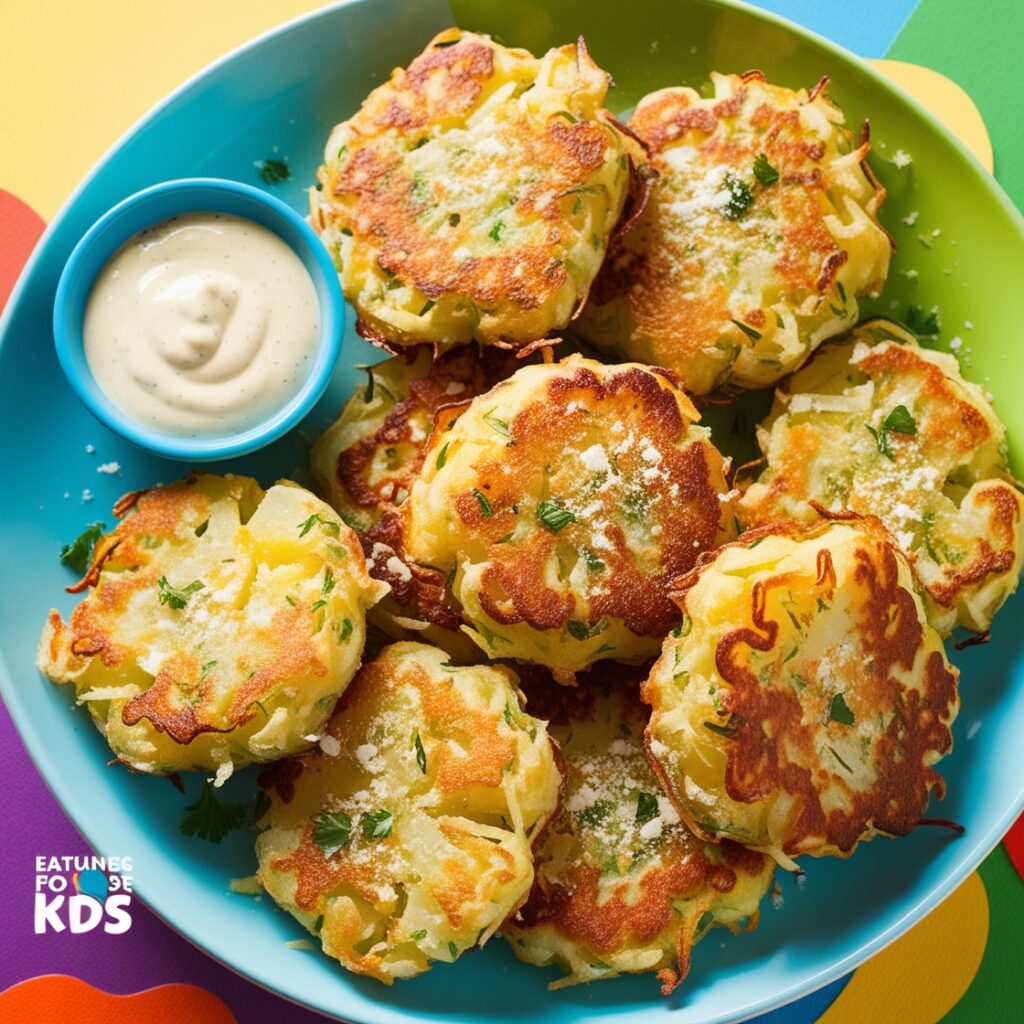 Delicious Potato Fritters for kids, made with grated potatoes, egg, and herbs, served with a tasty dipping sauce.