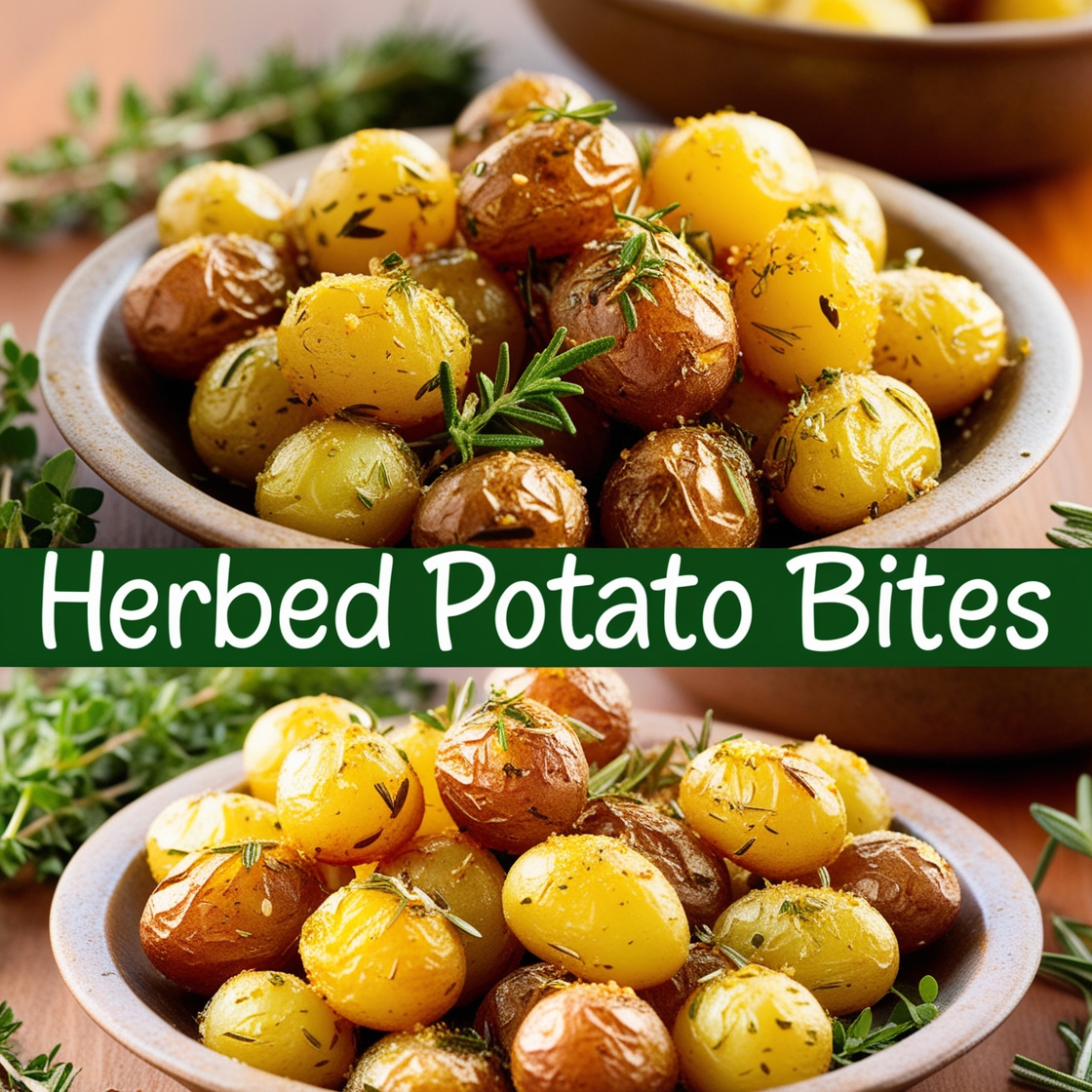 Delicious herbed potato bites, a fun and nutritious dish for kids, showcasing golden roasted potatoes tossed in olive oil and fresh herbs.