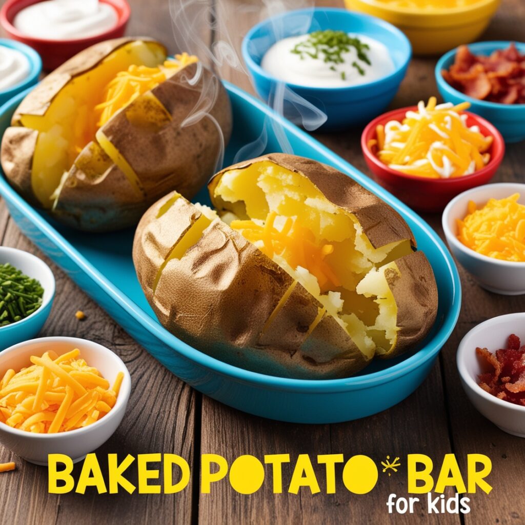 Potatoes for kids: A fun baked potato bar with tasty toppings like cheese and bacon!