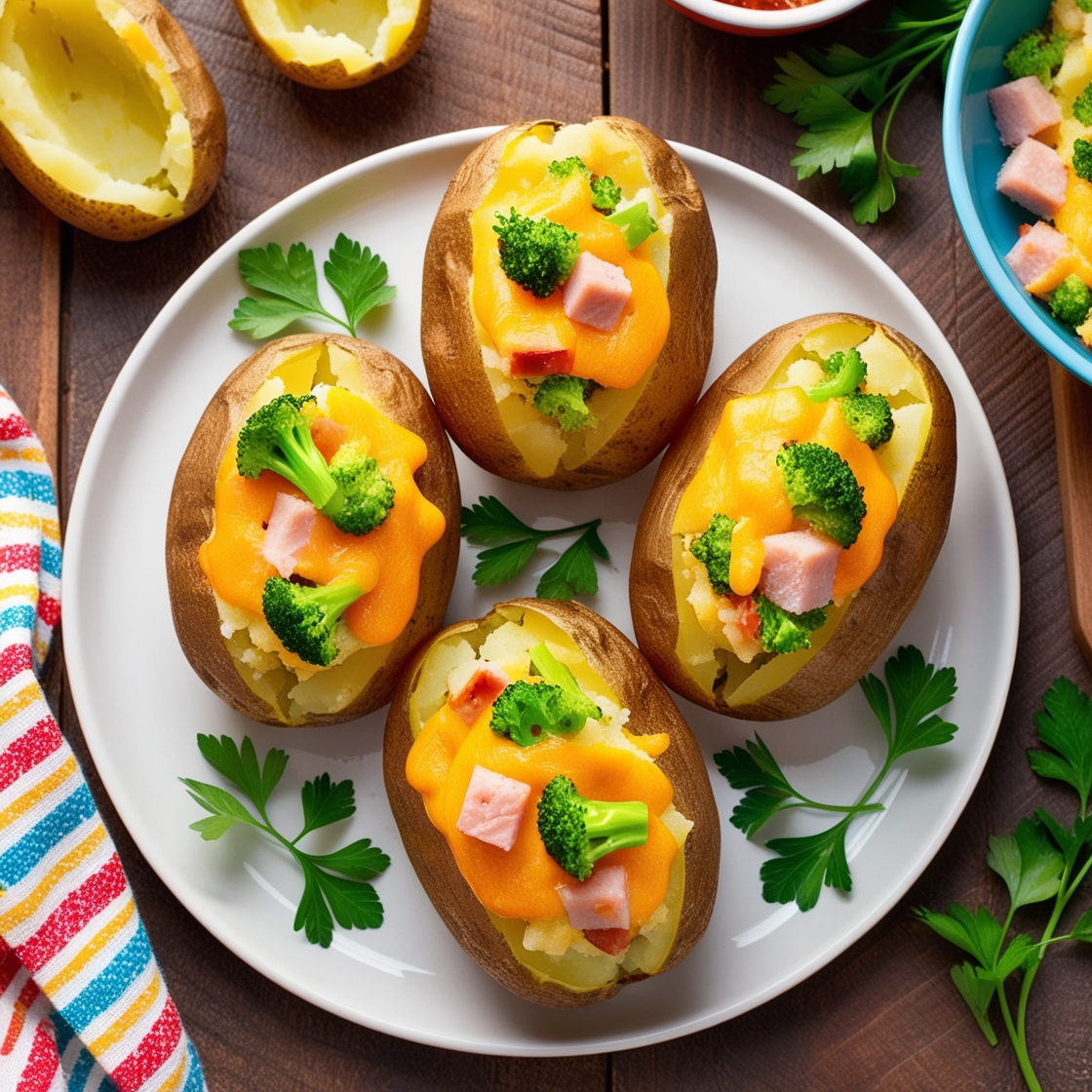 Colorful stuffed potatoes for kids, filled with cheese, broccoli, and ham, making a fun and nutritious meal!
