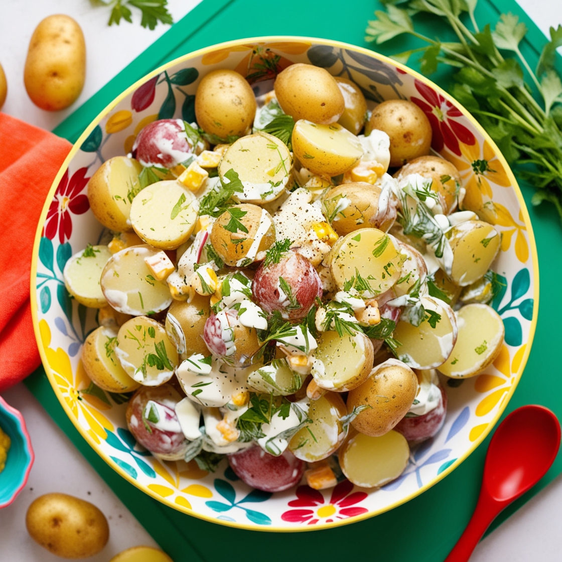 Colorful potato salad with yogurt dressing, highlighting the fun and nutritious benefits of potatoes.