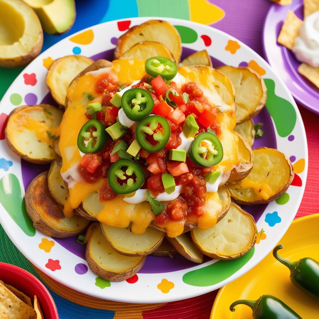 Colorful Potato Nachos featuring baked potato slices topped with melted cheese, fresh salsa, and jalapeños, perfect for kids' snack time.