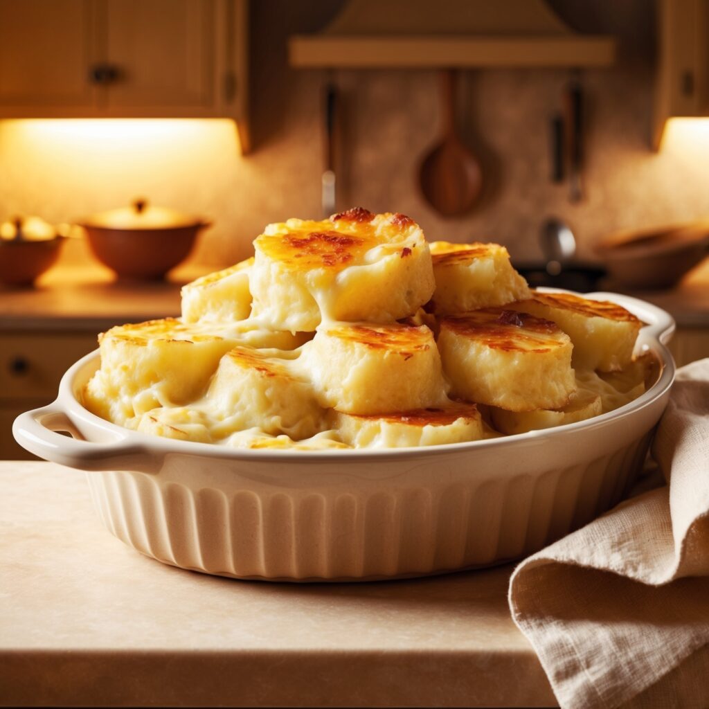 A delicious dish of Scalloped Potatoes, showcasing layers of creamy, cheesy goodness with garlic, baked until golden and bubbly.