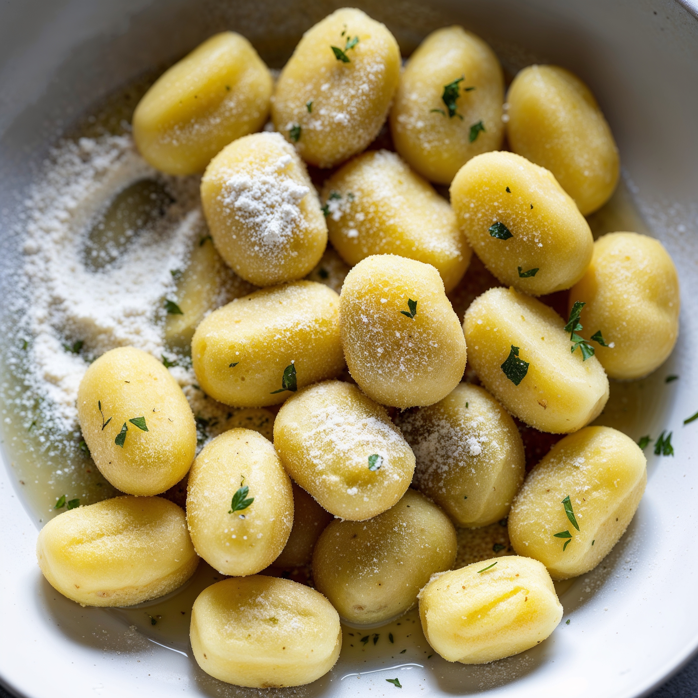 Image of fluffy potato gnocchi, freshly boiled and ready to serve, showcasing their light texture and simplicity.