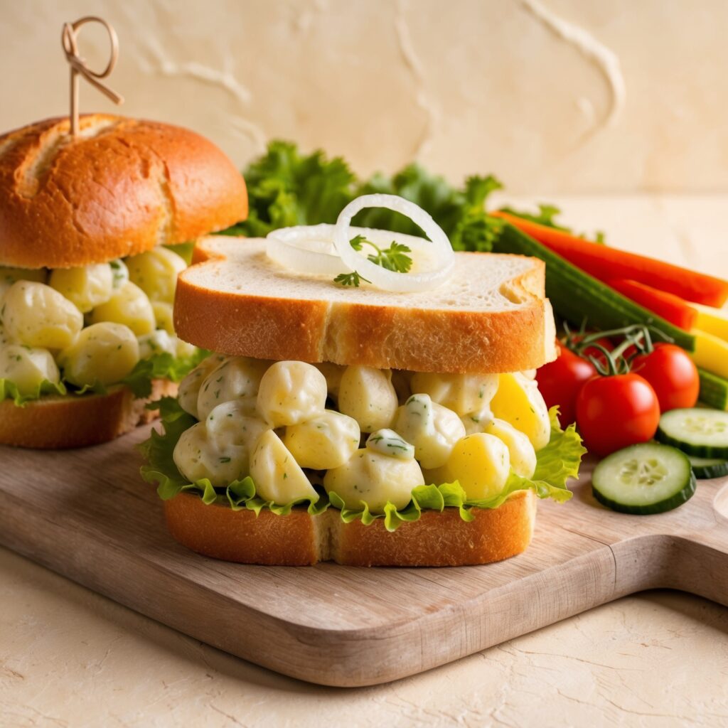 Image of Potato Salad Sandwiches featuring creamy potato salad in soft bread with fresh lettuce, highlighting a delicious and colorful meal.