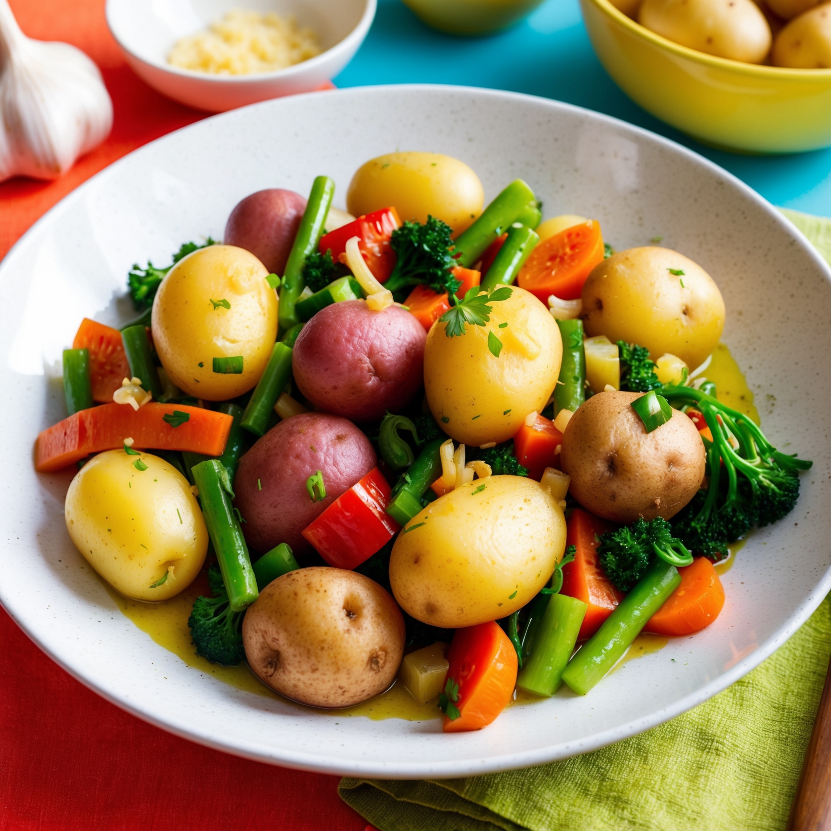 Colorful stir-fry featuring boiled potatoes and mixed veggies sautéed with garlic in olive oil. A healthy, vibrant meal.