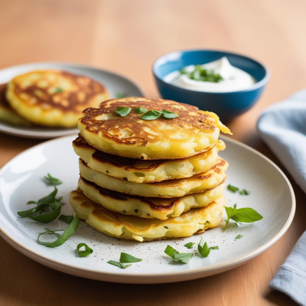 Golden, crispy potato pancakes perfect for kids, served with a side of sour cream.