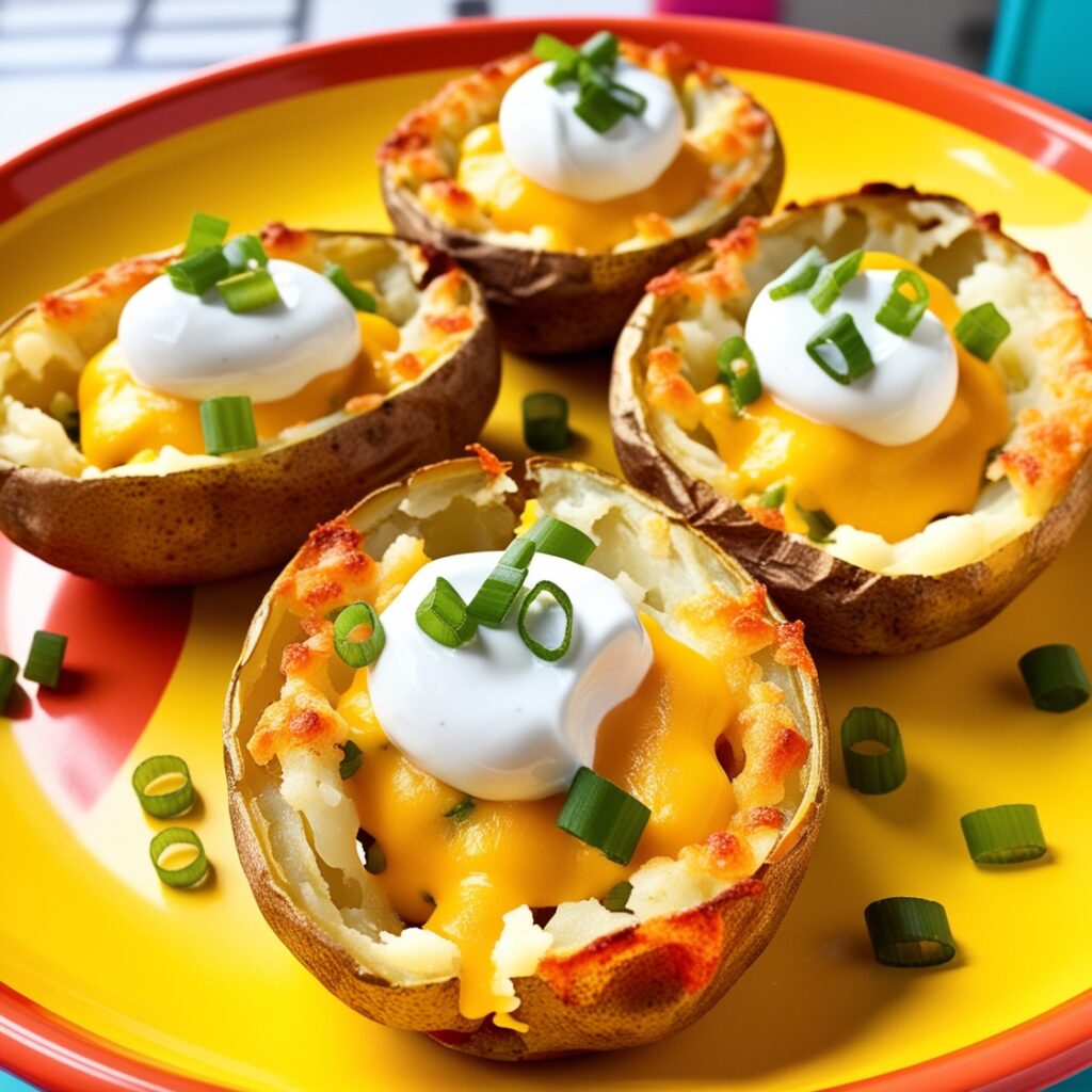 Delicious Loaded Potato Skins for kids, featuring melted cheese, sour cream, and fresh green onions.
