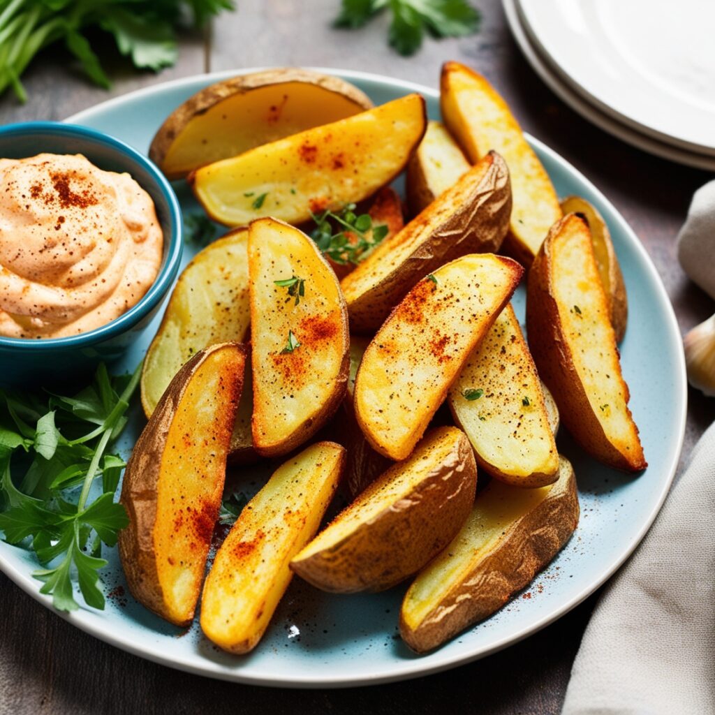 Crispy potato wedges, seasoned to perfection, perfect for healthy snacks!