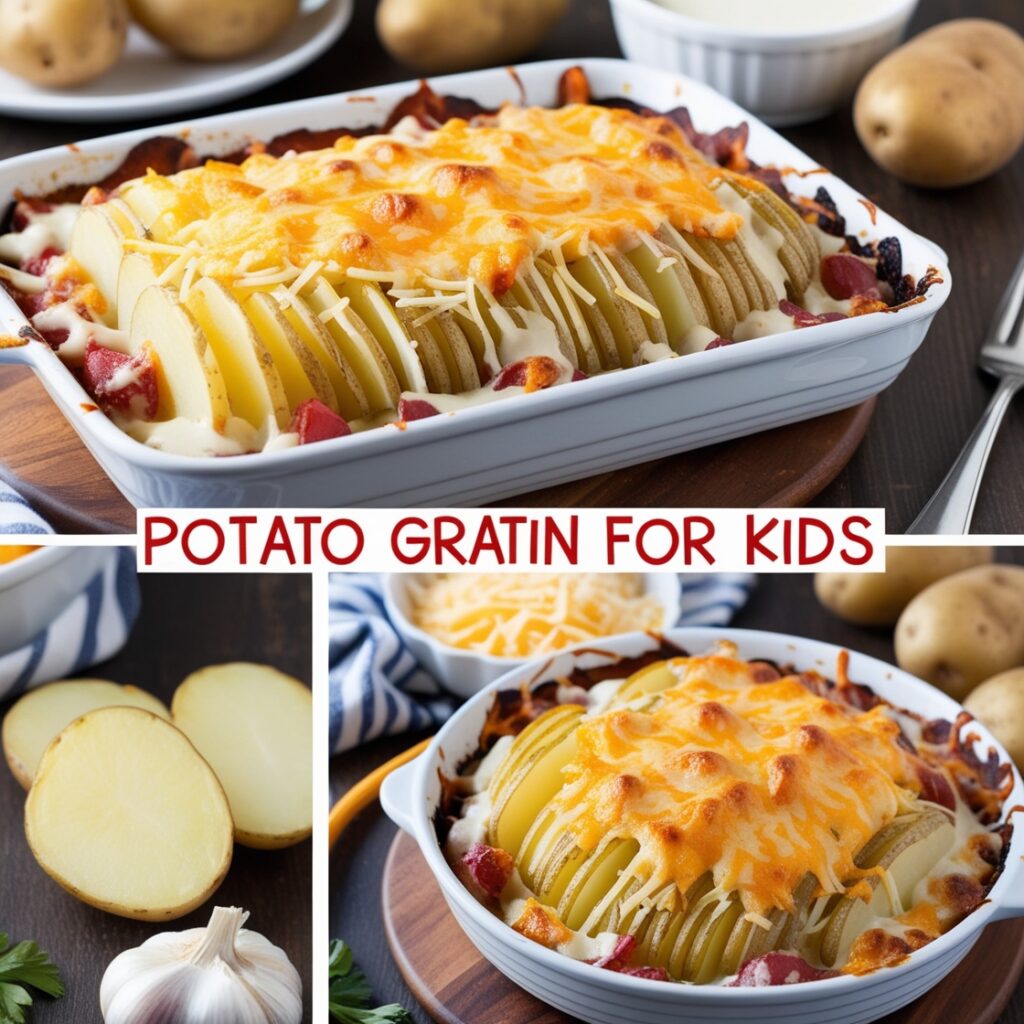 Golden-brown potato gratin topped with melted cheese in a baking dish, featuring layers of thinly sliced potatoes, creamy sauce, and garlic. A kid-friendly and nutritious recipe