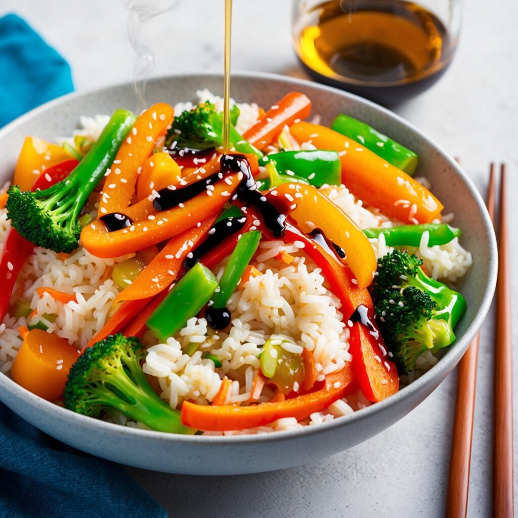 A vibrant Rice and Veggie Stir-Fry featuring fluffy rice, colorful bell peppers, carrots, and broccoli, drizzled with soy sauce and sesame oil, with chopsticks beside the bowl.