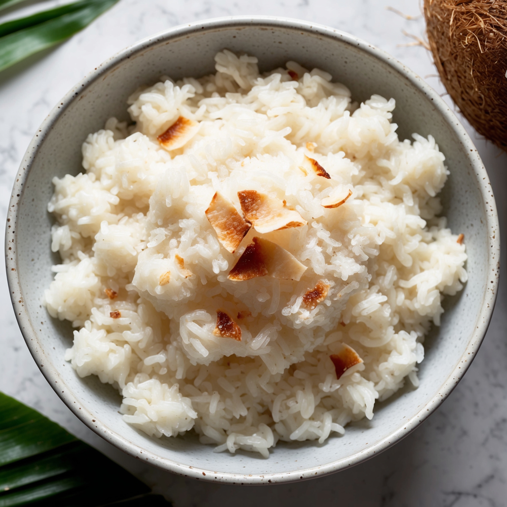 A bowl of fluffy coconut rice garnished with toasted coconut flakes, showcasing its creamy texture and tropical vibe