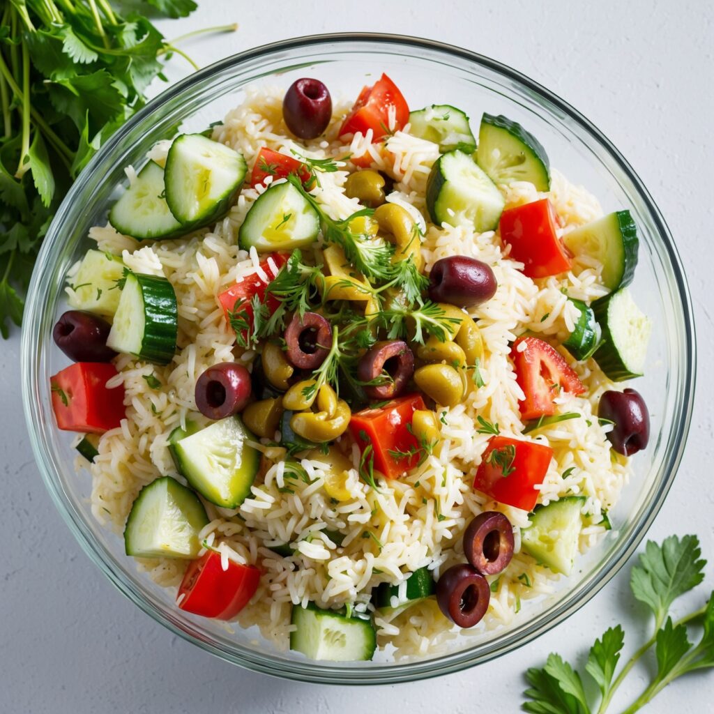 A refreshing Salad with vibrant cucumbers, tomatoes, and olives, drizzled with vinaigrette.