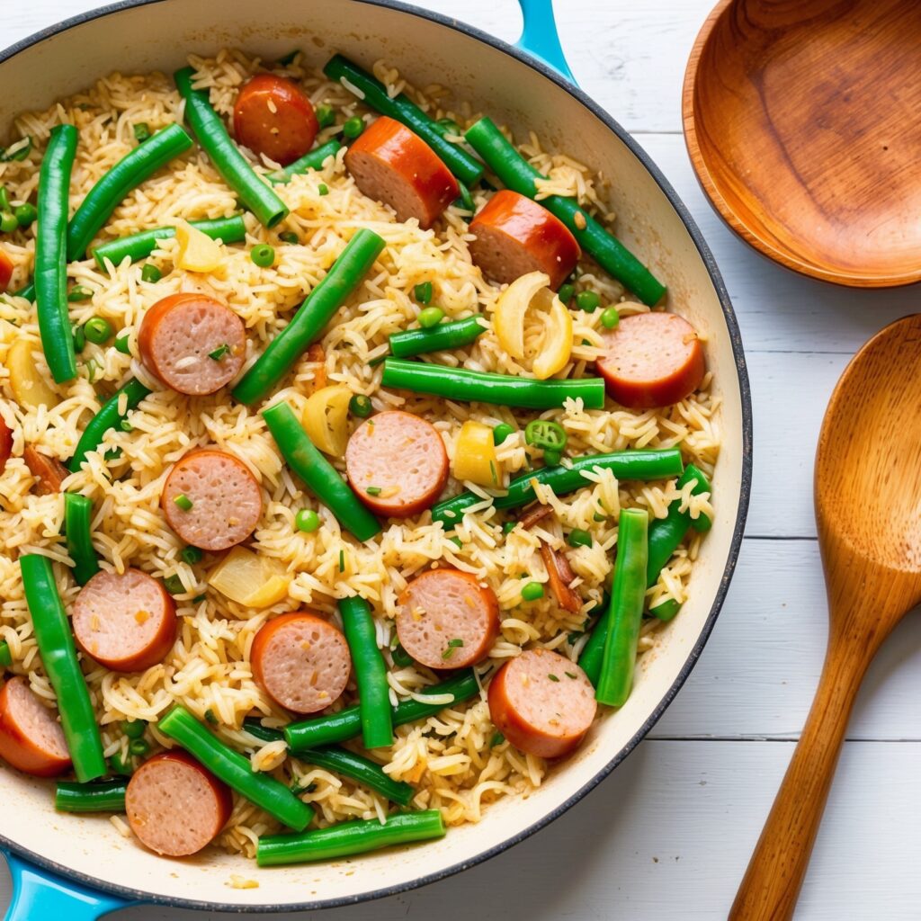 A hearty Rice and Sausage Skillet with golden sausage, vibrant green beans, and fluffy rice, all stir-fried together in a colorful dish.