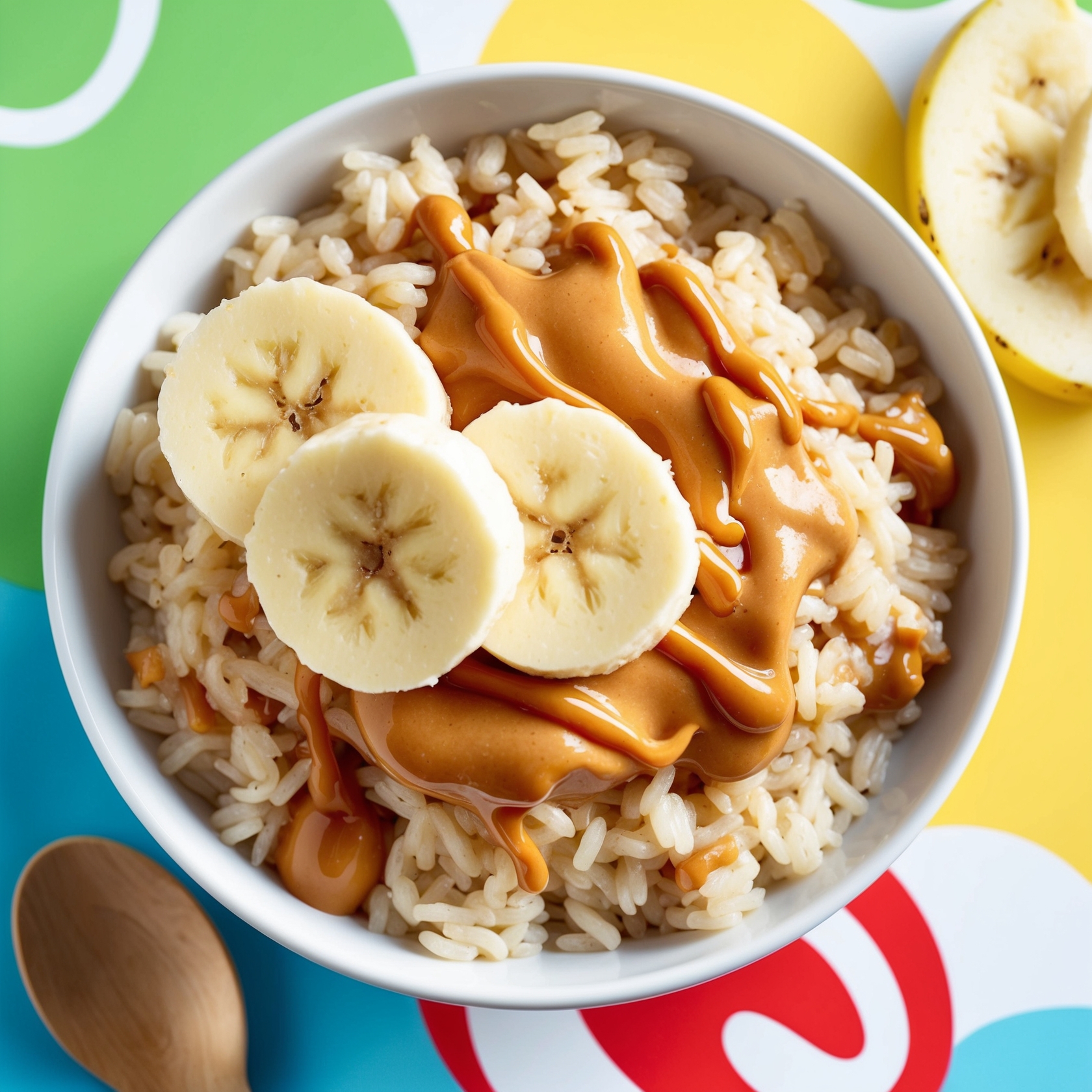 A bowl of Peanut Butter Rice topped with banana slices, showcasing fluffy rice mixed with creamy peanut butter and honey.