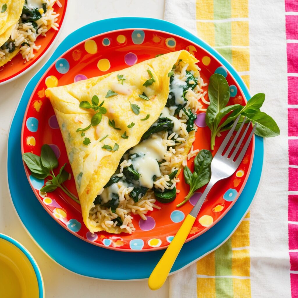 Image of a fluffy omelette filled with spinach and cheese, served on a colorful plate with a fork beside it.