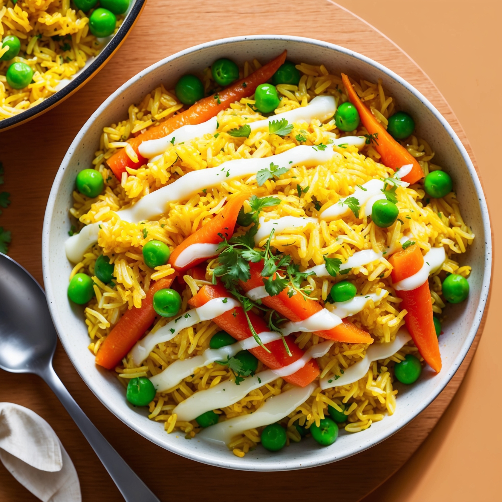 Image of vibrant curried rice mixed with peas and carrots, served in a bowl with a sprinkle of fresh herbs on top.