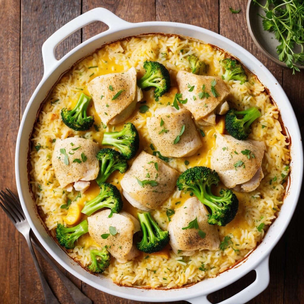 A baked cereal and Chicken dish with creamy soup and broccoli, golden and bubbly in a rustic dish.
