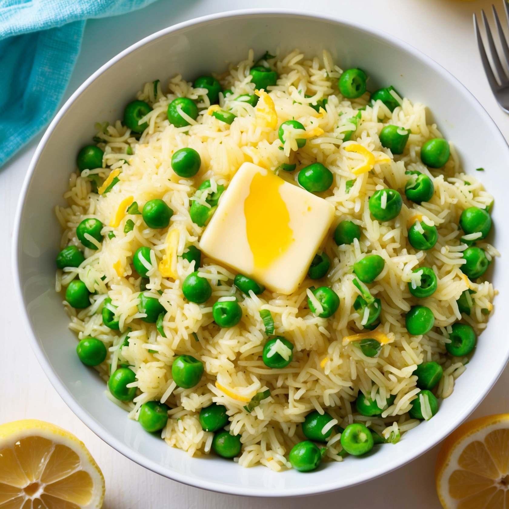 A vibrant bowl of Lemon cereal with peas, glistening with butter and lemon juice, garnished with fresh herbs.