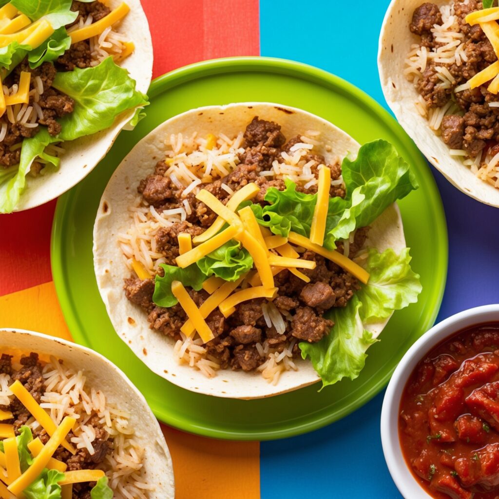 A vibrant plate of Rice Tacos filled with fluffy rice, seasoned ground beef, cheese, and fresh lettuce, served with salsa.