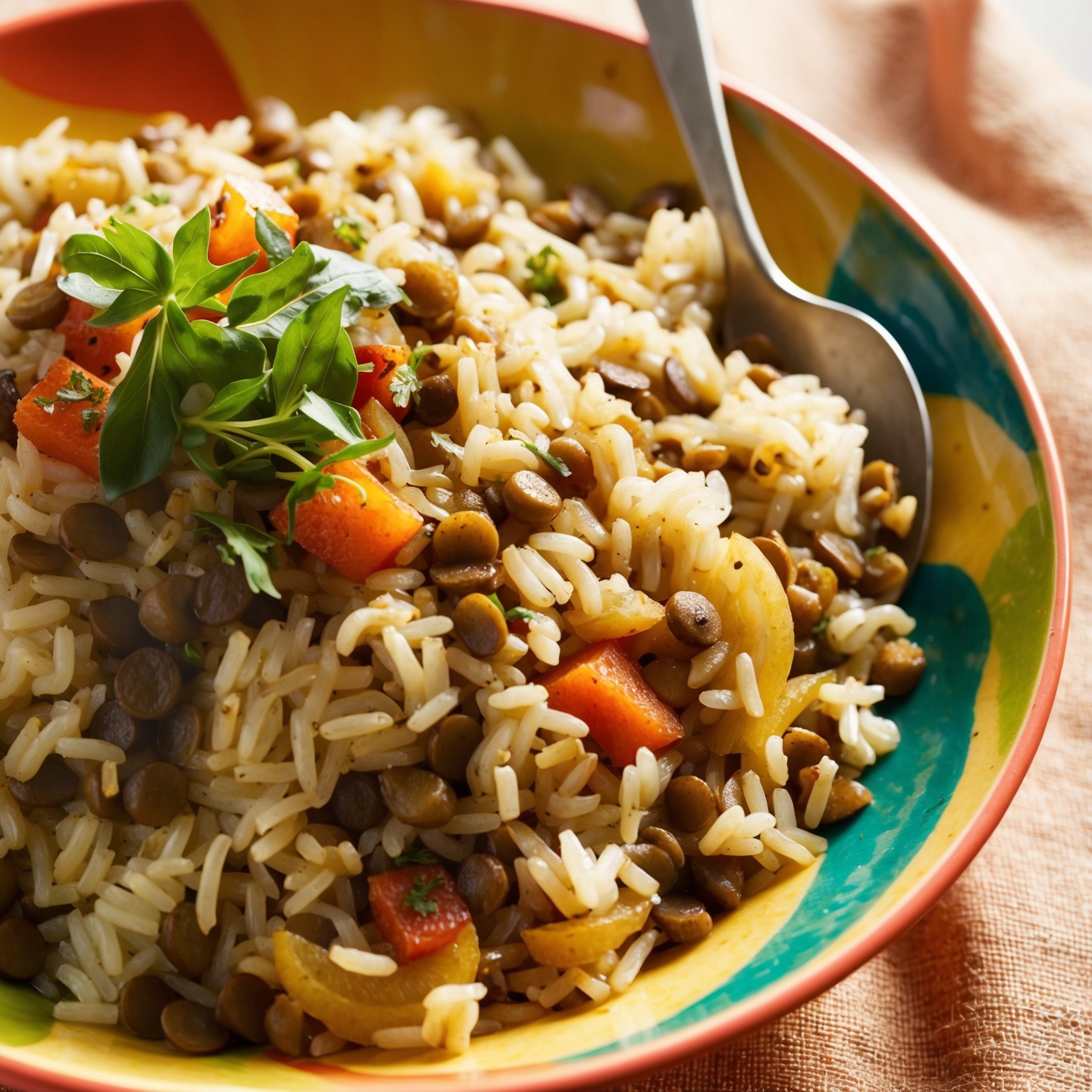 A bowl of Rice and Lentil Pilaf, featuring fluffy rice, lentils, sautéed onions, and garlic, garnished with fresh herbs.