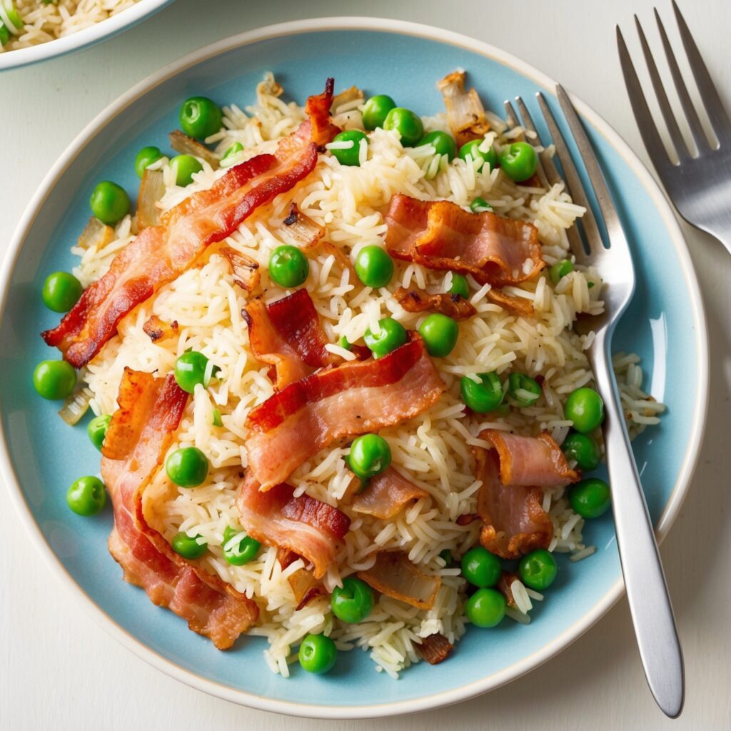 A colorful dish of Bacon and Rice, featuring crispy bacon, peas, and sautéed onions mixed with fluffy rice, garnished with herbs.