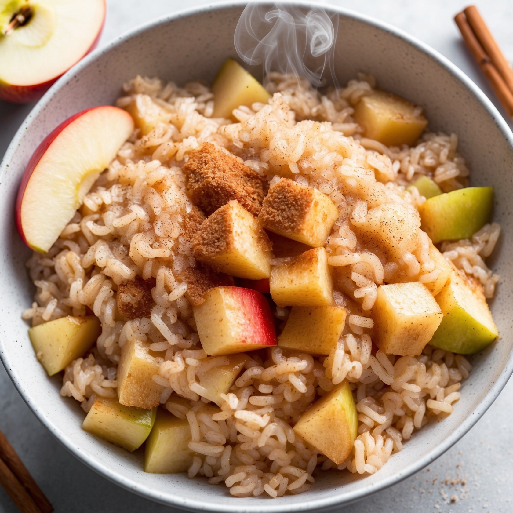 A warm bowl of Apple Cinnamon Rice, featuring fluffy rice mixed with soft apples, cinnamon, and sugar, garnished with apple slices.