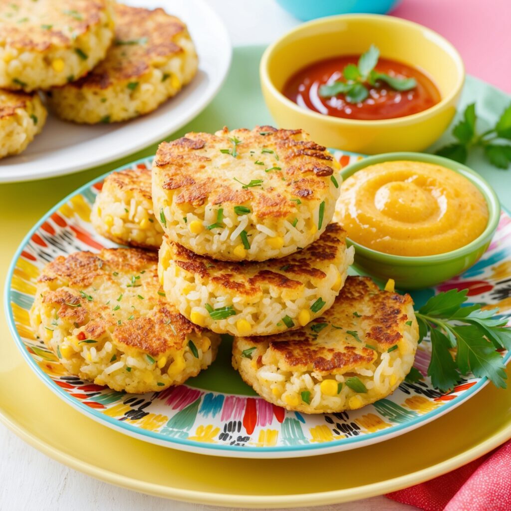 Image of crispy fritters, golden brown patties made with rice, corn, and spices, served with a dipping sauce and fresh herbs.