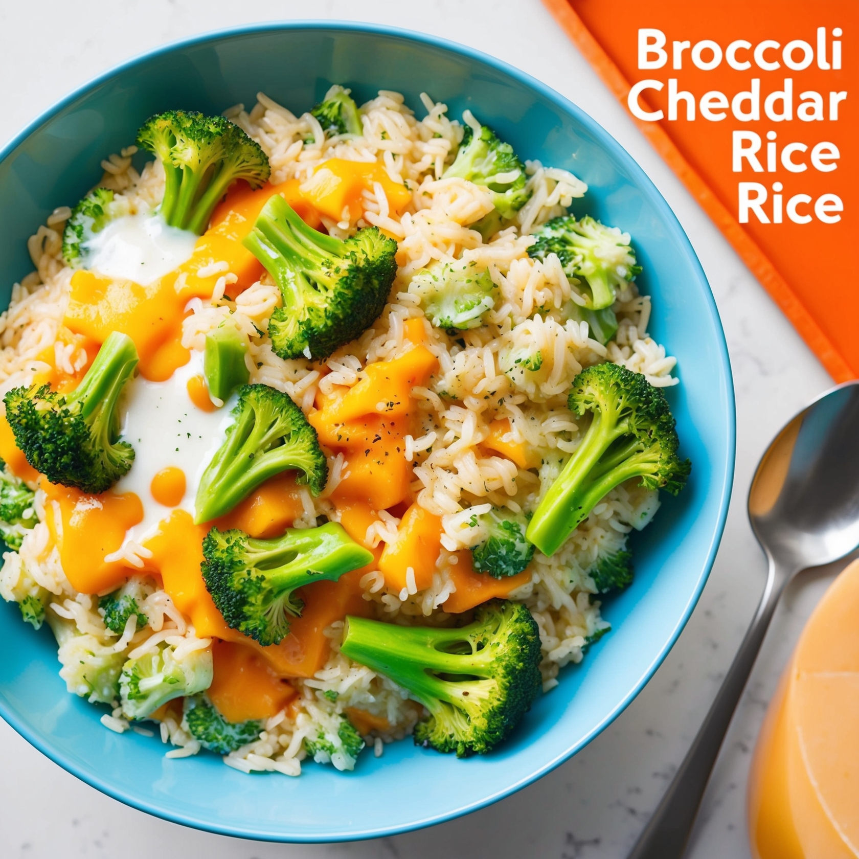 Image of creamy broccoli cheddar rice, featuring fluffy rice mixed with bright green broccoli and melted cheddar, served in a bowl.