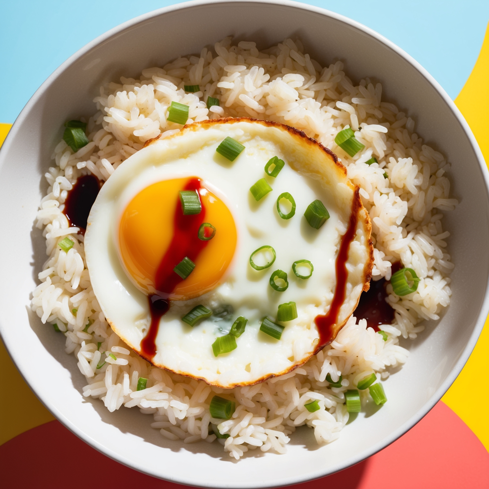 A bowl of fluffy rice topped with a sunny-side-up egg, drizzled with soy sauce and garnished with green onions.