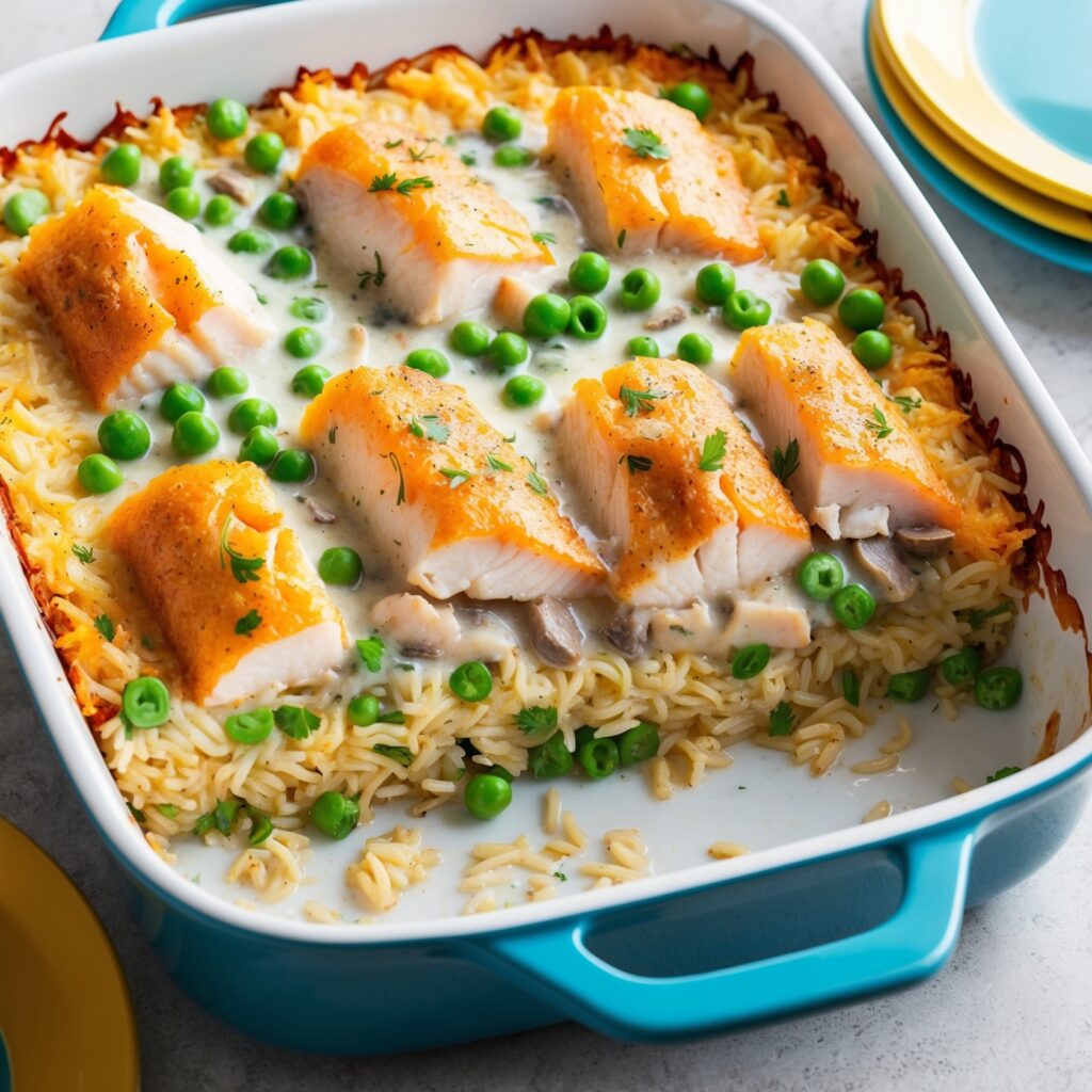 A baked dish of rice layered with fish, peas, and creamy mushroom sauce.