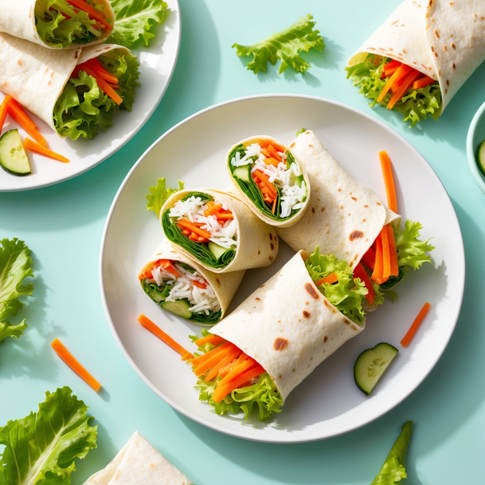 Tortillas filled with rice, lettuce, carrots, and cucumber, rolled up and ready to serve