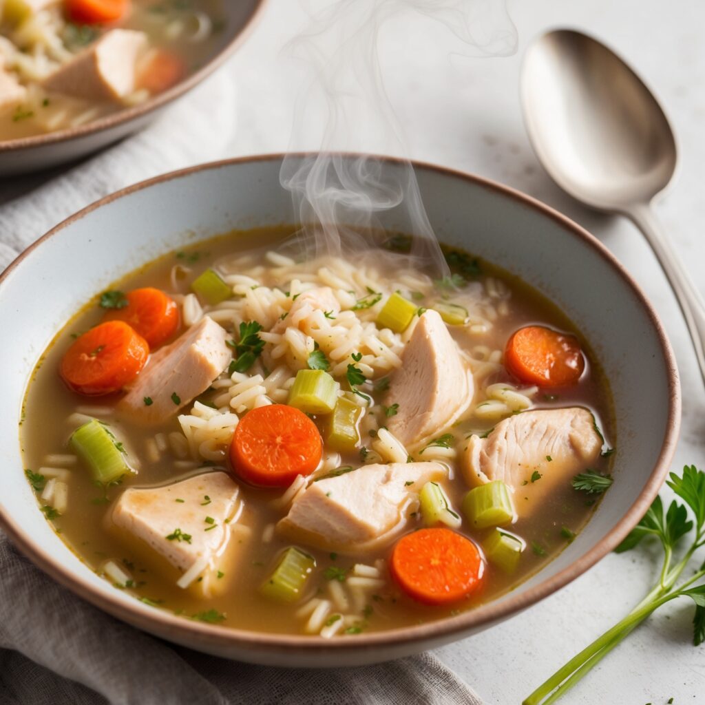A warm bowl of chicken and rice soup with tender chicken, carrots, celery, and a rich broth.