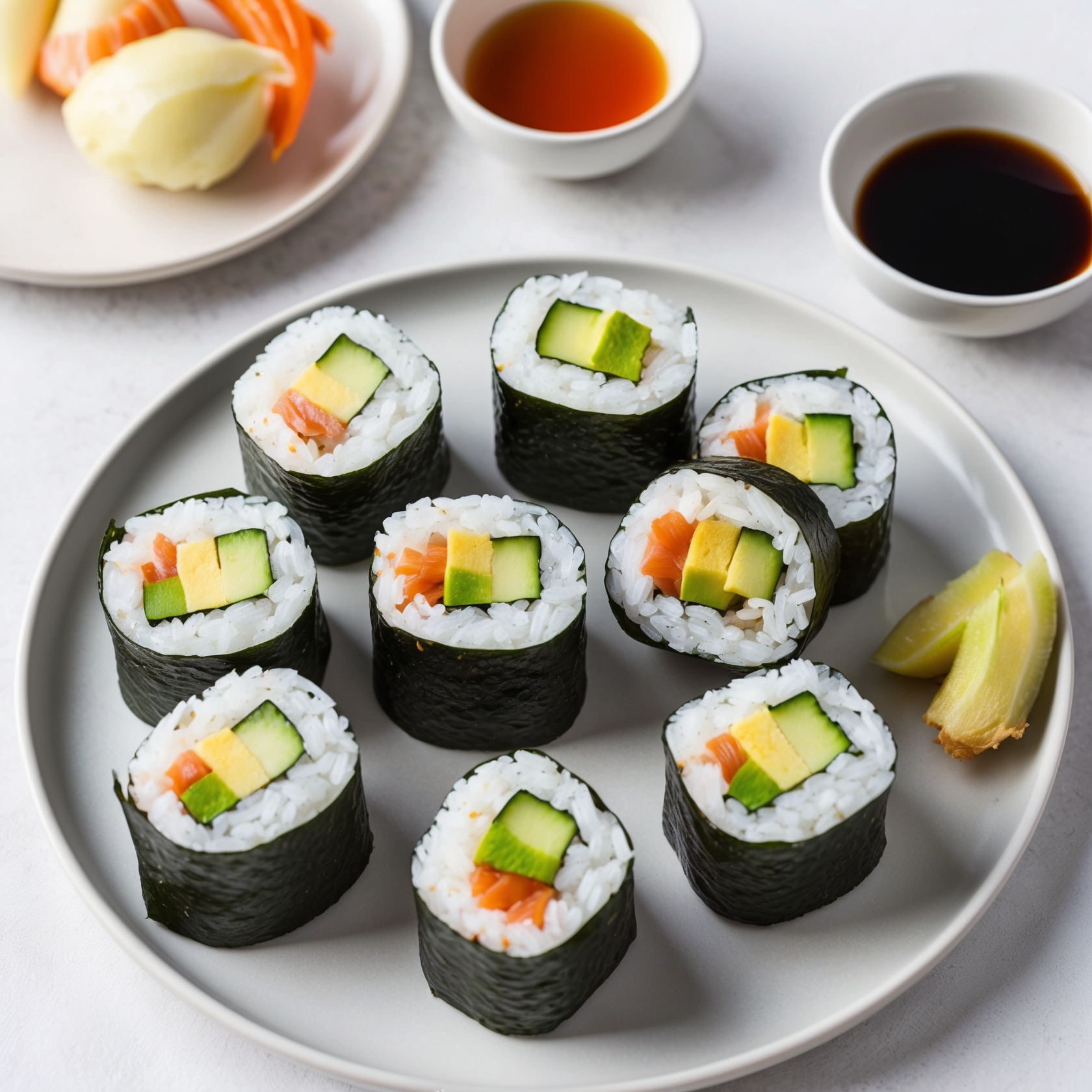 Neatly sliced sushi rolls filled with rice, cucumber, avocado, and fish, wrapped in seaweed.