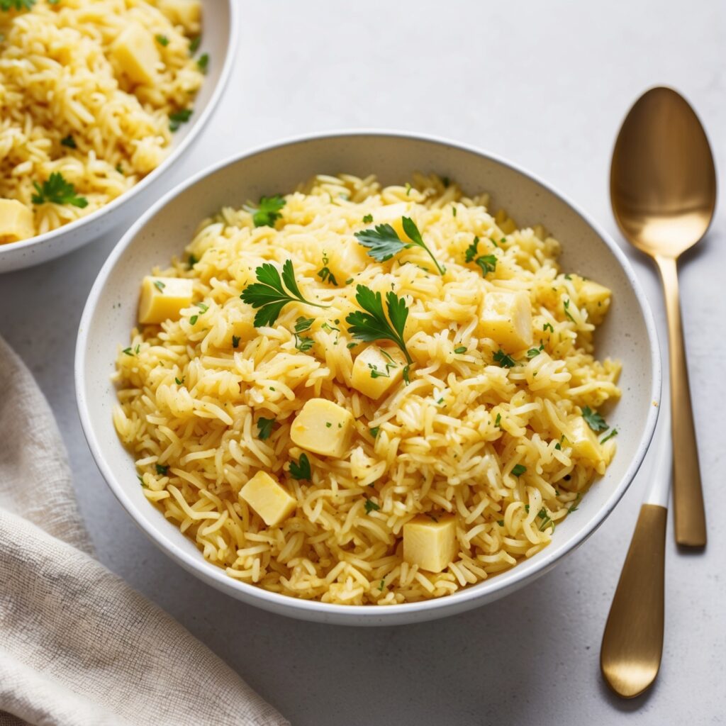 A bowl of golden garlic rice garnished with fresh parsley.
