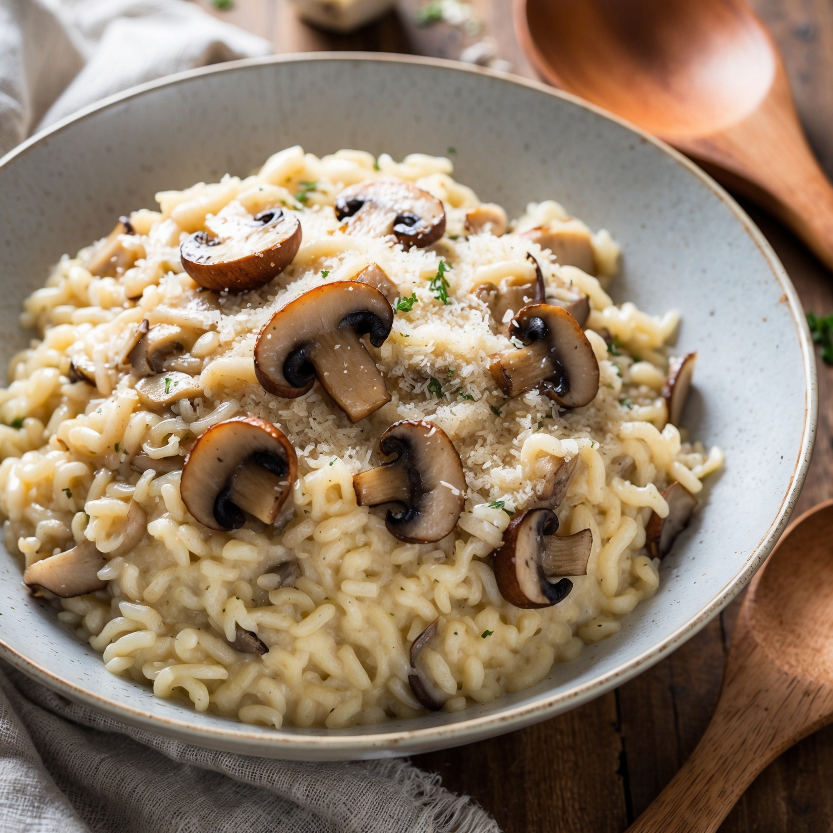 Creamy rice and mushroom risotto topped with Parmesan cheese, served in a bowl with a wooden spoon.