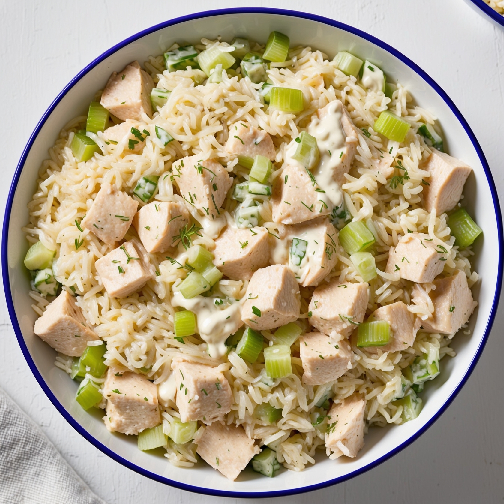 A refreshing Salad, combining fluffy rice, diced chicken, crunchy celery, and creamy mayonnaise in a vibrant bowl.