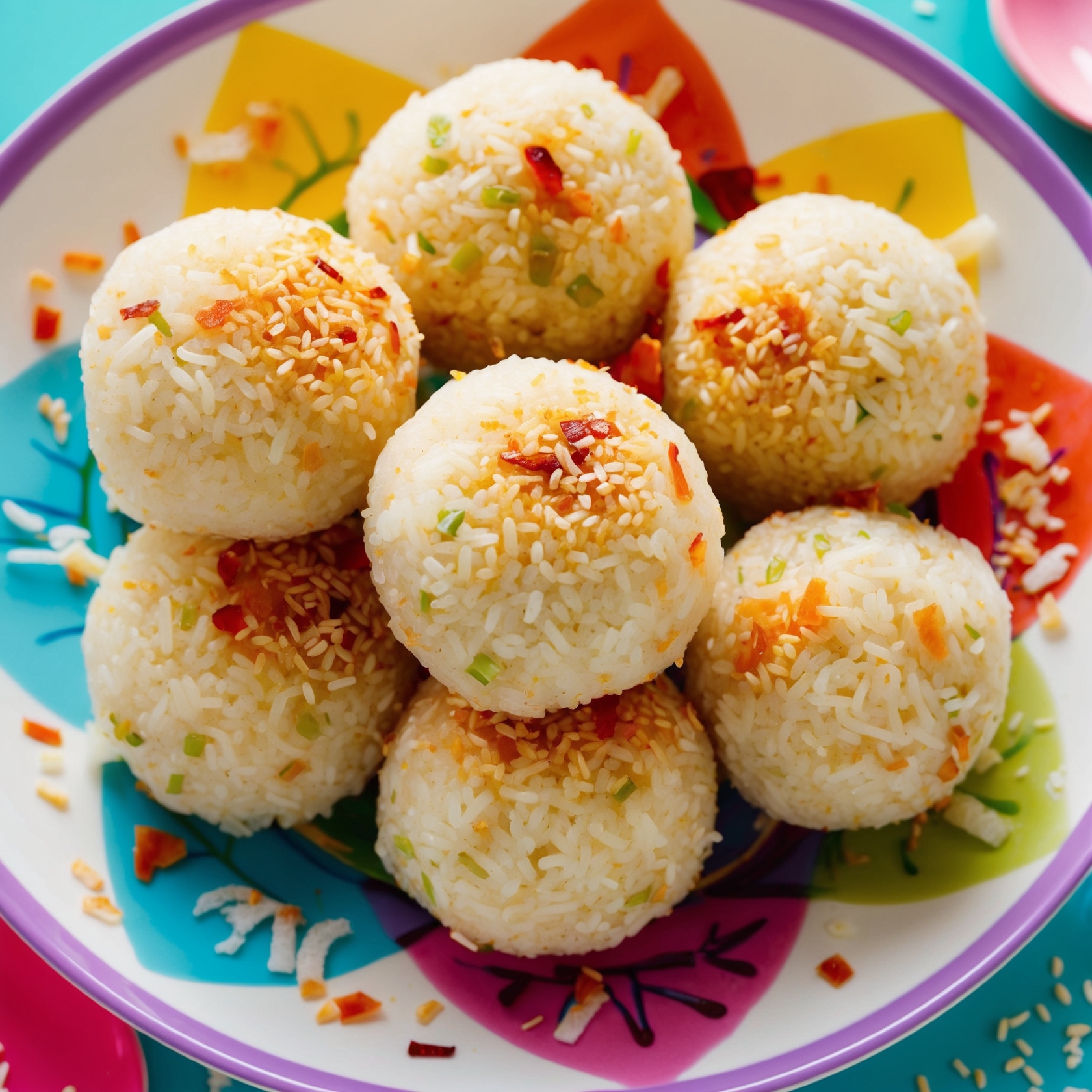 A decorative plate with coconut flakes scattered around.