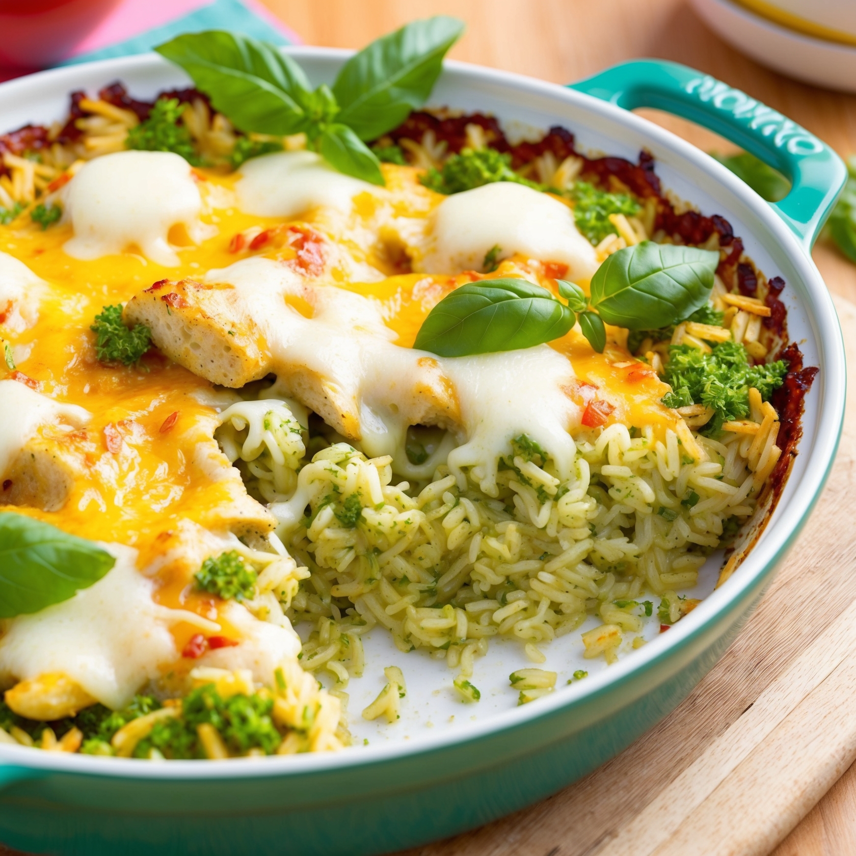 A colorful pesto bake with fluffy rice, green pesto, chicken, and melted mozzarella cheese, garnished with fresh basil leaves.