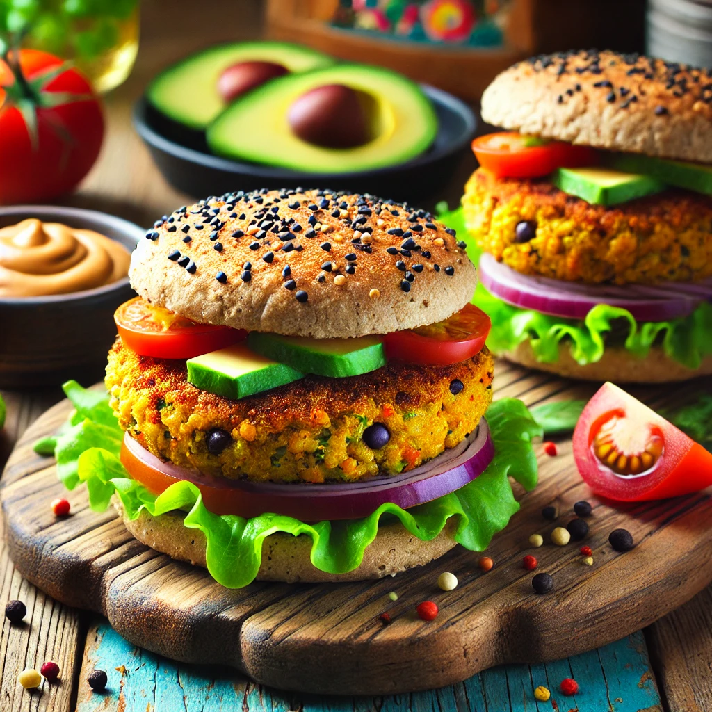 Golden-brown veggie rice burgers topped with fresh lettuce, tomato, and avocado on a rustic cutting board, accompanied by a bowl of dipping sauce in a cheerful setting