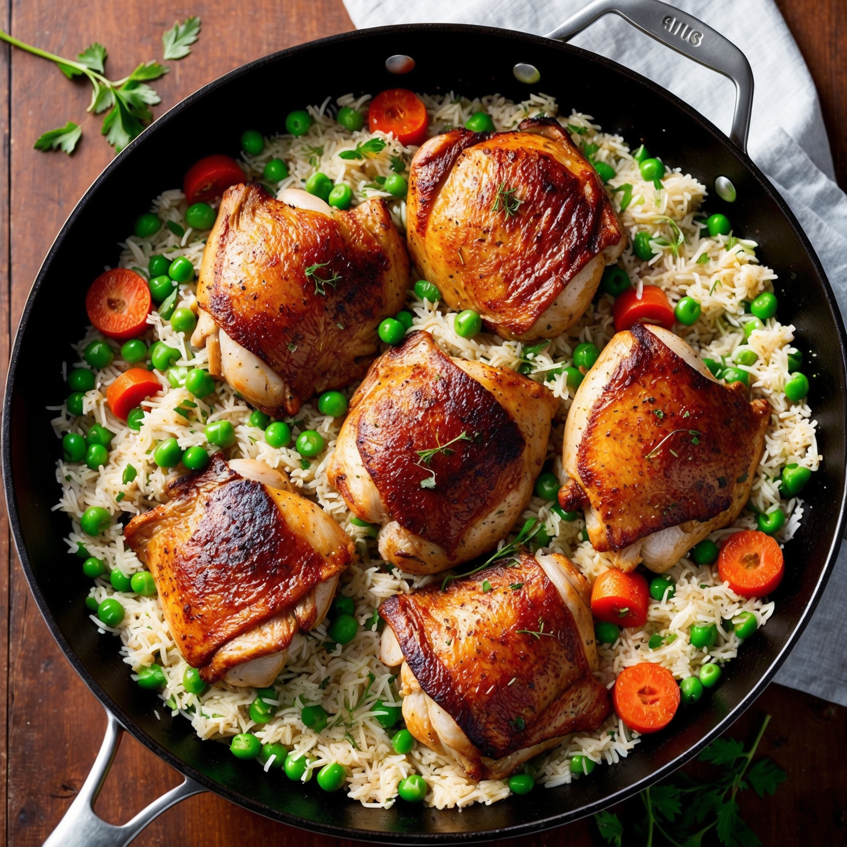 One-Pan Chicken and Rice: A skillet displays seared chicken thighs on fluffy rice, mixed with peas and carrots, garnished with fresh herbs. The setting is warm and inviting.