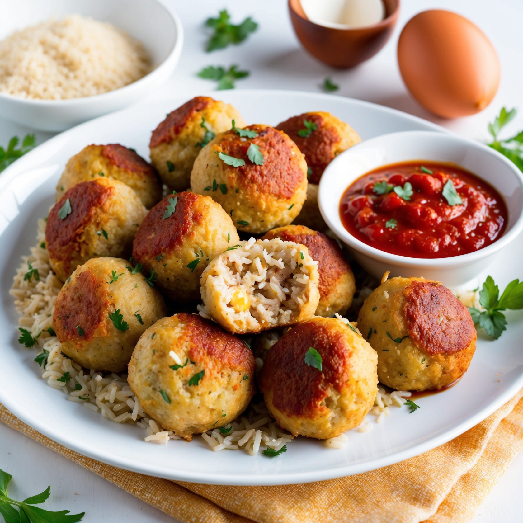 Rice and Turkey Meatballs: A plate displays golden meatballs made from ground turkey and rice, served with marinara sauce and garnished with fresh herbs.
